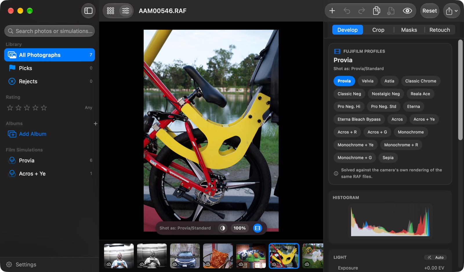 RAF Film Lab on the Mac: a photo open in the editor with the film simulation picker, histogram and light controls